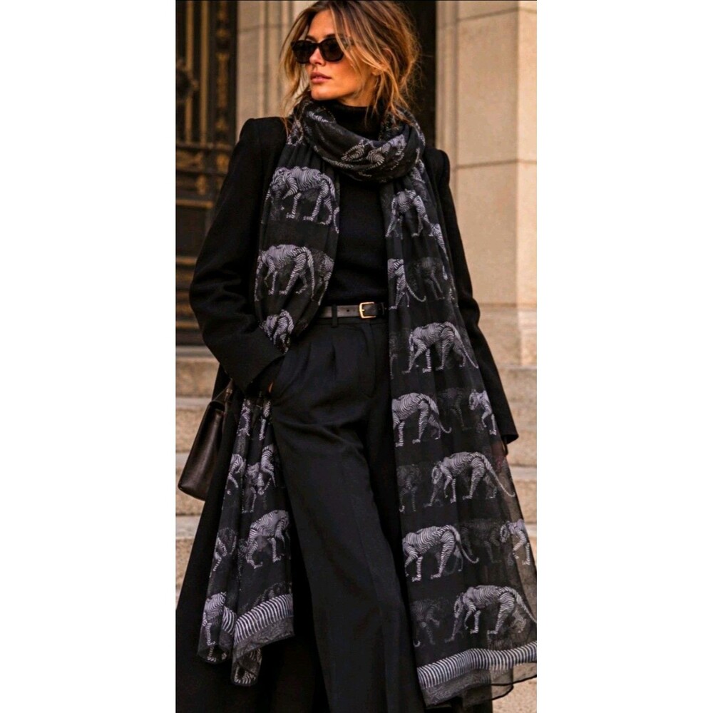 Printed Village Oversized Tiger Print Scarf Wrap Black White Gothic Extra Long